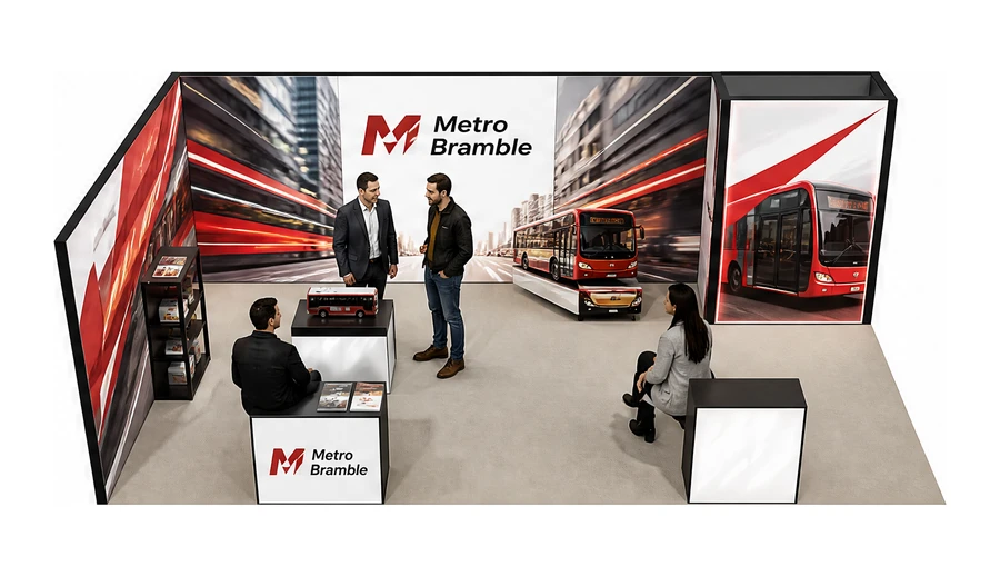 Stoisko 8 × 4 m narożne lewe dla branży autobusy i transport zbiorowy, przykładowa marka Metro Bramble