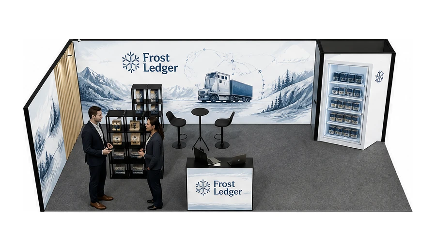 Stoisko 8 × 4 m narożne lewe dla branży łańcuch chłodniczy, przykładowa marka Frost Ledger