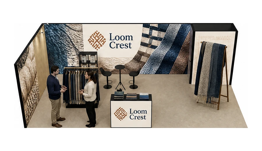Stoisko 8 × 4 m narożne lewe dla branży tekstylia i tkaniny, przykładowa marka Loom Crest