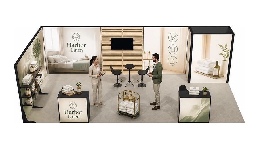 Stoisko 8 × 4 m narożne lewe dla branży wyposażenie hoteli, przykładowa marka Harbor Linen