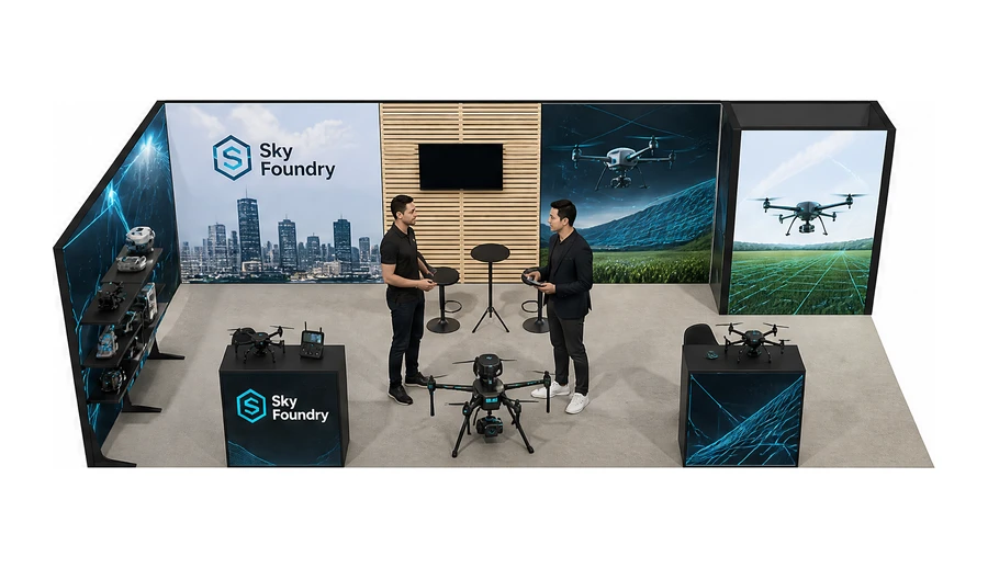 Stoisko 8 × 4 m narożne lewe dla branży drony i robotyka, przykładowa marka Sky Foundry