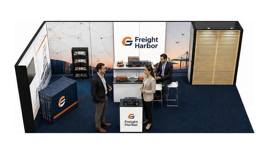 Stoisko 8 × 4 m narożne lewe dla branży logistyka i spedycja, przykładowa marka Freight Harbor