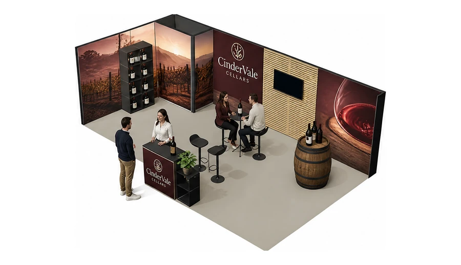Stoisko 8 × 4 m narożne lewe dla branży winnica, przykładowa marka CinderVale Cellars