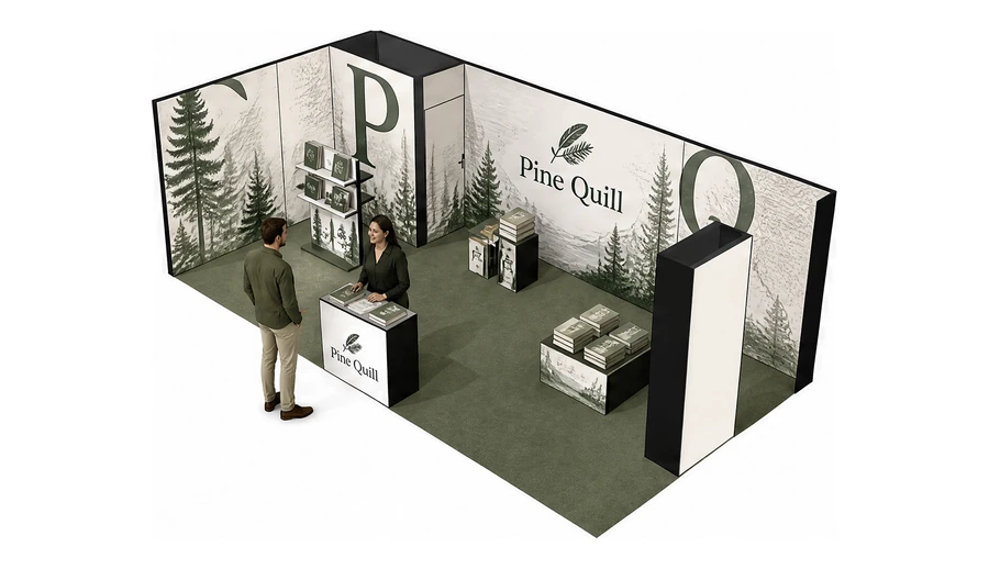 Stoisko 8 × 4 m narożne lewe dla branży wydawnictwa, przykładowa marka Pine Quill