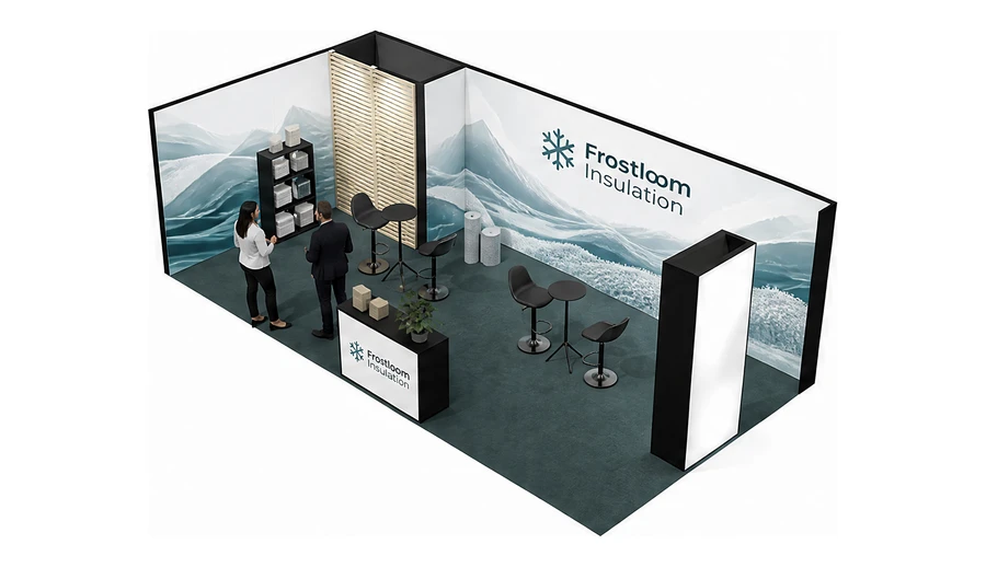 Stoisko 8 × 4 m narożne lewe dla branży izolacje techniczne, przykładowa marka Frostloom Insulation