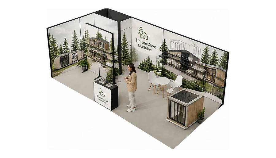 Stoisko 8 × 4 m narożne lewe dla branży domy modułowe i prefabrykacja, przykładowa marka TimberCove Modules