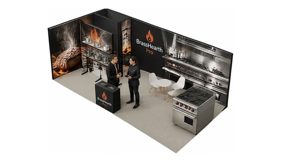 Stoisko 8 × 4 m narożne lewe dla branży wyposażenie gastronomii, przykładowa marka BrassHearth Pro