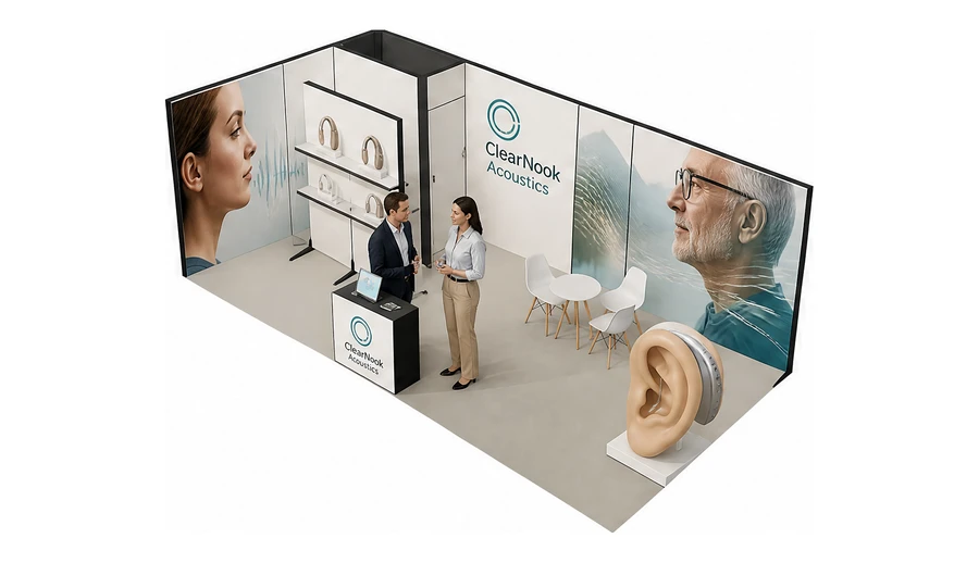 Stoisko 8 × 4 m narożne lewe dla branży optyka i audiologia, przykładowa marka ClearNook Acoustics