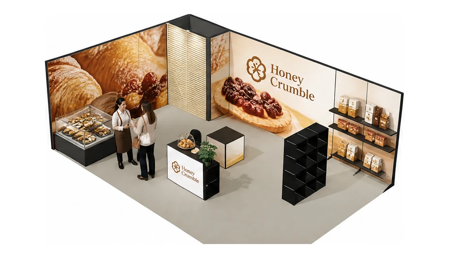 Stoisko 8 × 4 m narożne lewe dla branży piekarnictwo i cukiernictwo, przykładowa marka Honey Crumble
