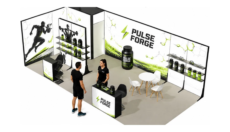 Stoisko 8 × 4 m narożne lewe dla branży suplementy diety, przykładowa marka Pulse Forge