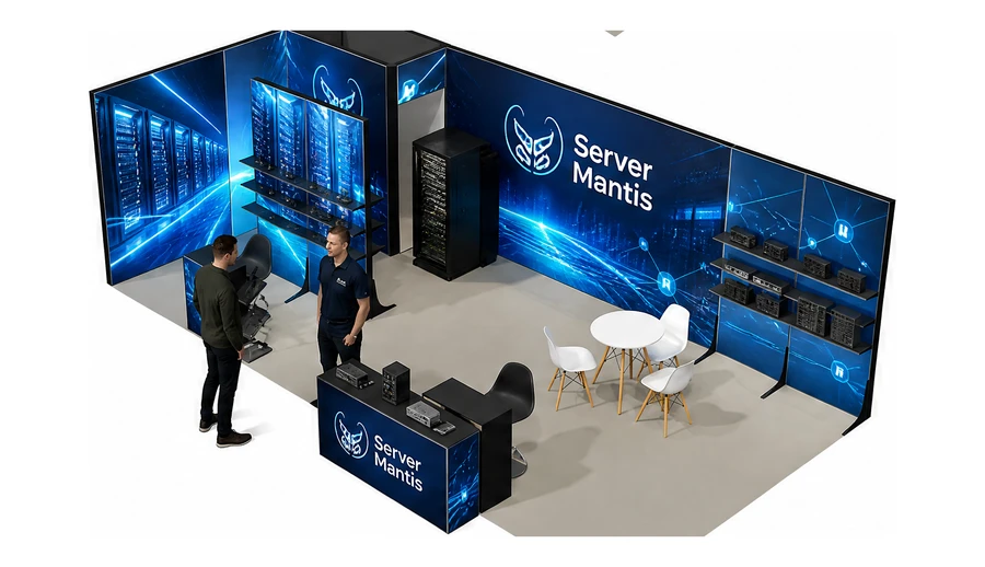 Stoisko 8 × 4 m narożne lewe dla branży infrastruktura IT i data center, przykładowa marka Server Mantis