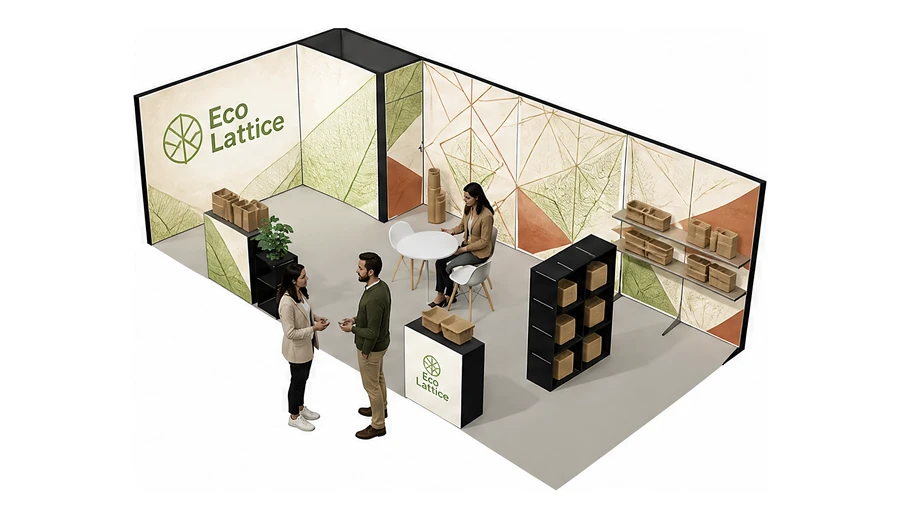 Stoisko 8 × 4 m narożne lewe dla branży opakowania ekologiczne, przykładowa marka Eco Lattice