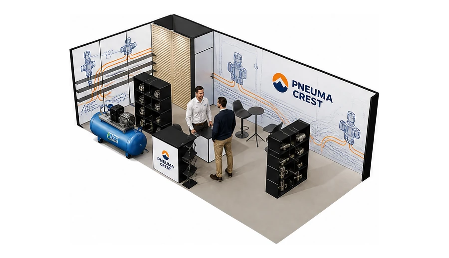 Stoisko 8 × 4 m narożne lewe dla branży pneumatyka i sprężone powietrze, przykładowa marka Pneuma Crest