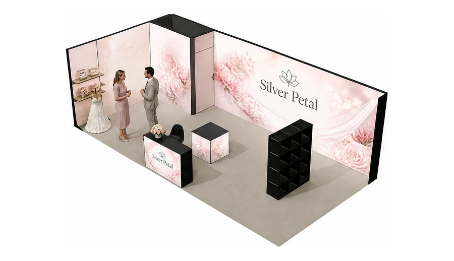 Stoisko 8 × 4 m narożne lewe dla branży branża ślubna, przykładowa marka Silver Petal