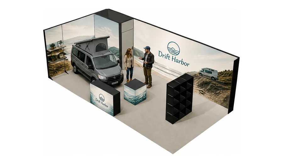 Stoisko 8 × 4 m narożne lewe dla branży caravaning i kampery, przykładowa marka Drift Harbor