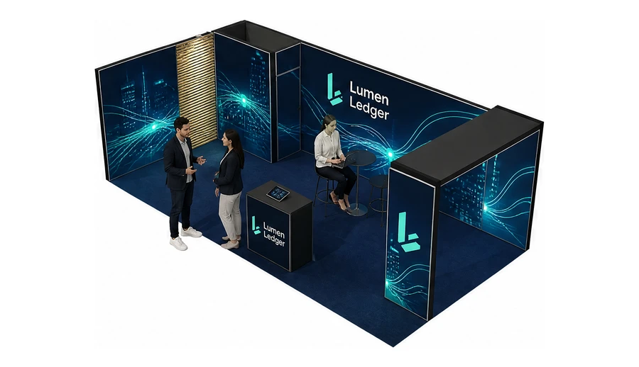 Stoisko 8 × 4 m narożne lewe dla branży płatności online, przykładowa marka Lumen Ledger