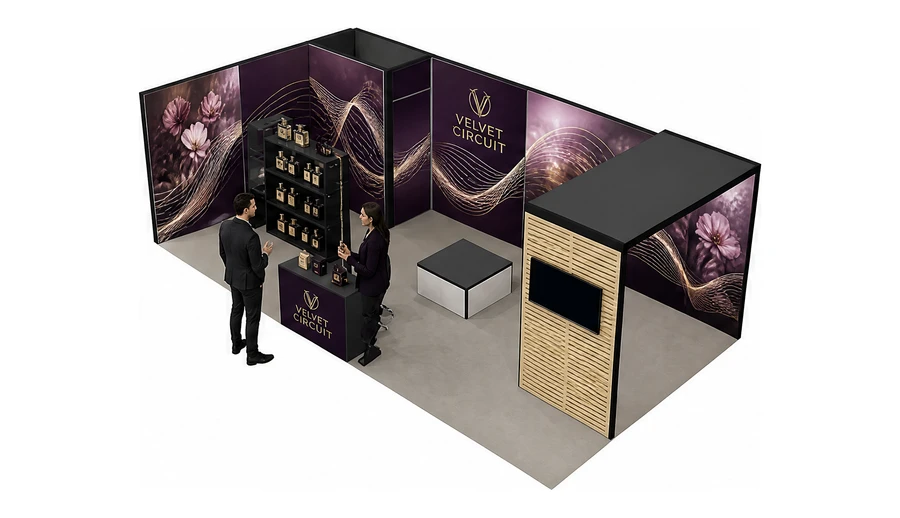 Stoisko 8 × 4 m narożne lewe dla branży perfumy, przykładowa marka Velvet Circuit