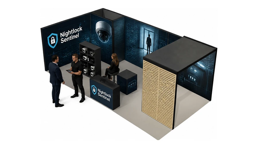 Stoisko 8 × 4 m narożne lewe dla branży systemy zabezpieczeń, przykładowa marka Nightlock Sentinel