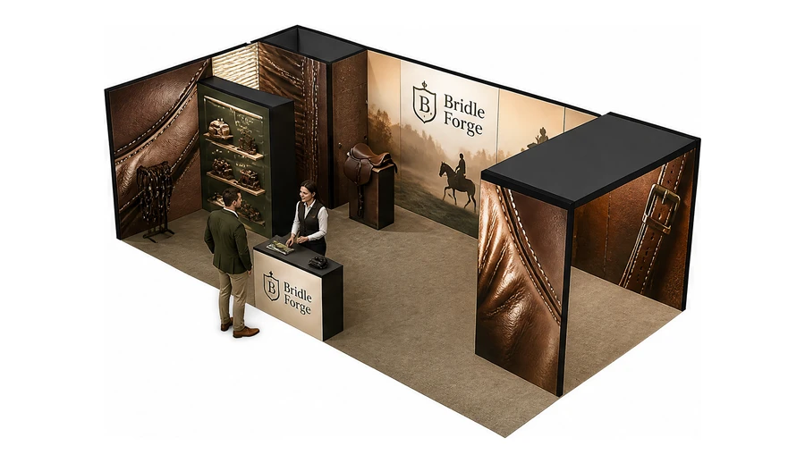 Stoisko 8 × 4 m narożne lewe dla branży jeździectwo, przykładowa marka Bridle Forge