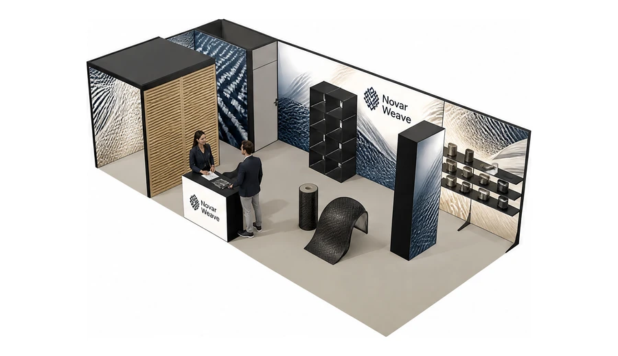 Stoisko 8 × 4 m narożne lewe dla branży materiały kompozytowe, przykładowa marka Novar Weave