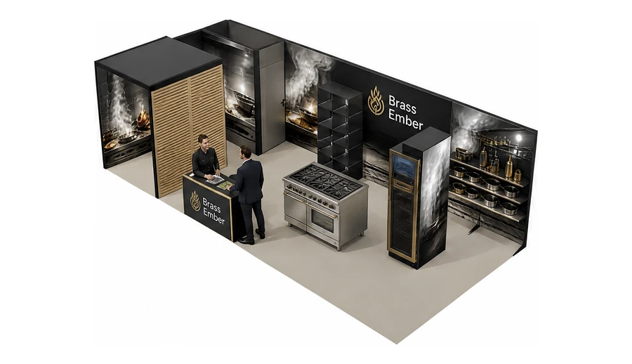 Stoisko 8 × 4 m narożne lewe dla branży wyposażenie gastronomii, przykładowa marka Brass Ember