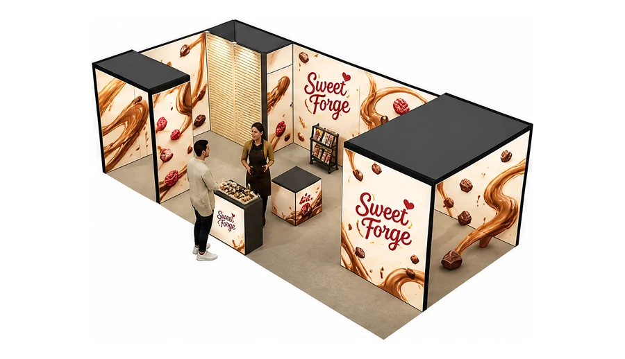 Stoisko 8 × 4 m narożne lewe dla branży słodycze i przekąski, przykładowa marka Sweet Forge