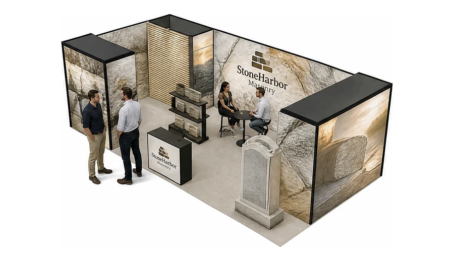 Stoisko 8 × 4 m narożne lewe dla branży kamień i kamieniarstwo, przykładowa marka StoneHarbor Masonry