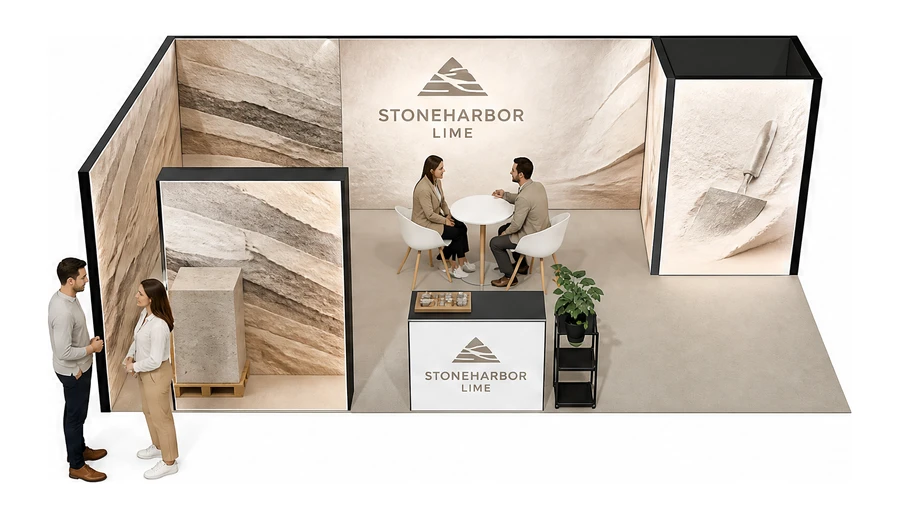 Stoisko 8 × 4 m narożne lewe dla branży materiały budowlane, przykładowa marka Stoneharbor Lime