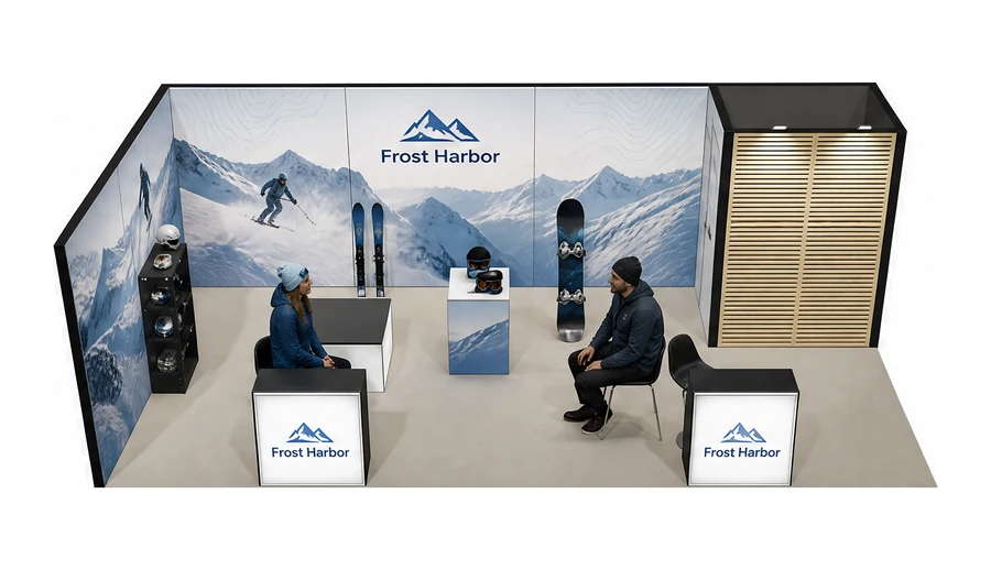 Stoisko 8 × 4 m narożne lewe dla branży narciarstwo i sporty zimowe, przykładowa marka Frost Harbor