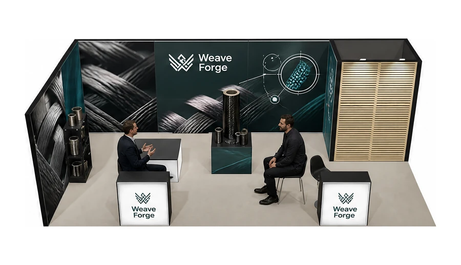 Stoisko 8 × 4 m narożne lewe dla branży materiały kompozytowe, przykładowa marka Weave Forge