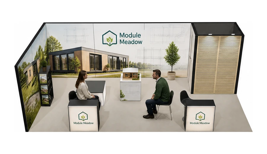 Stoisko 8 × 4 m narożne lewe dla branży domy modułowe i prefabrykacja, przykładowa marka Module Meadow