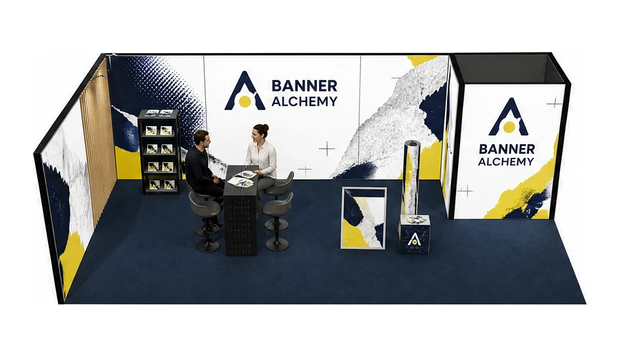 Stoisko 8 × 4 m narożne lewe dla branży reklama i druk, przykładowa marka Banner Alchemy