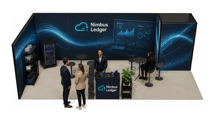 Stoisko 8 × 4 m narożne lewe dla branży oprogramowanie dla firm, przykładowa marka Nimbus Ledger