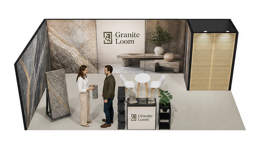 Stoisko 8 × 4 m narożne lewe dla branży kamień i kamieniarstwo, przykładowa marka Granite Loom