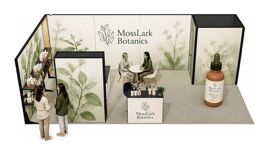 Stoisko 8 × 4 m narożne lewe dla branży kosmetyki naturalne, przykładowa marka MossLark Botanics
