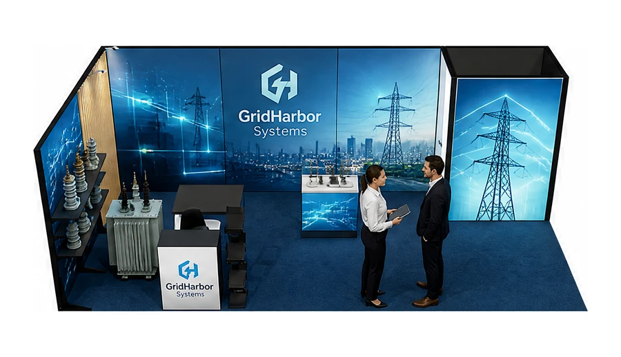 Stoisko 8 × 4 m narożne lewe dla branży energetyka i sieci, przykładowa marka GridHarbor Systems