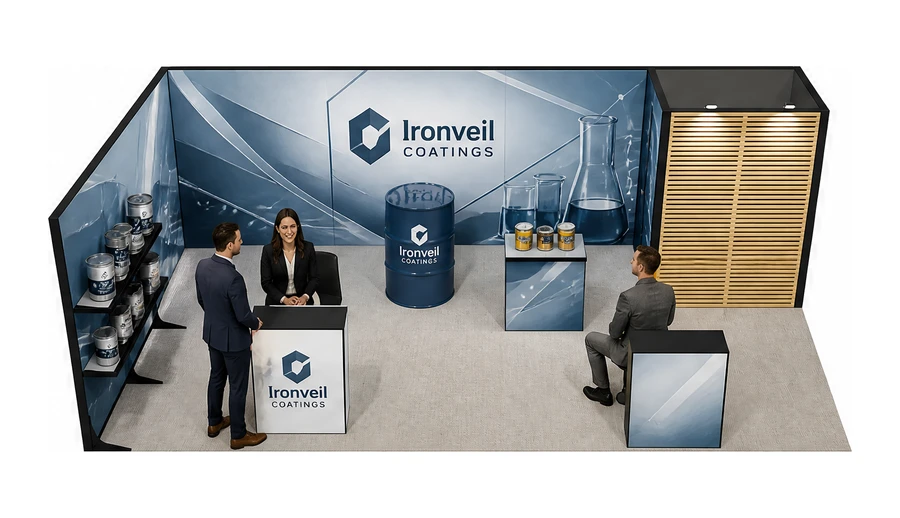 Stoisko 8 × 4 m narożne lewe dla branży chemia przemysłowa i powłoki, przykładowa marka Ironveil Coatings