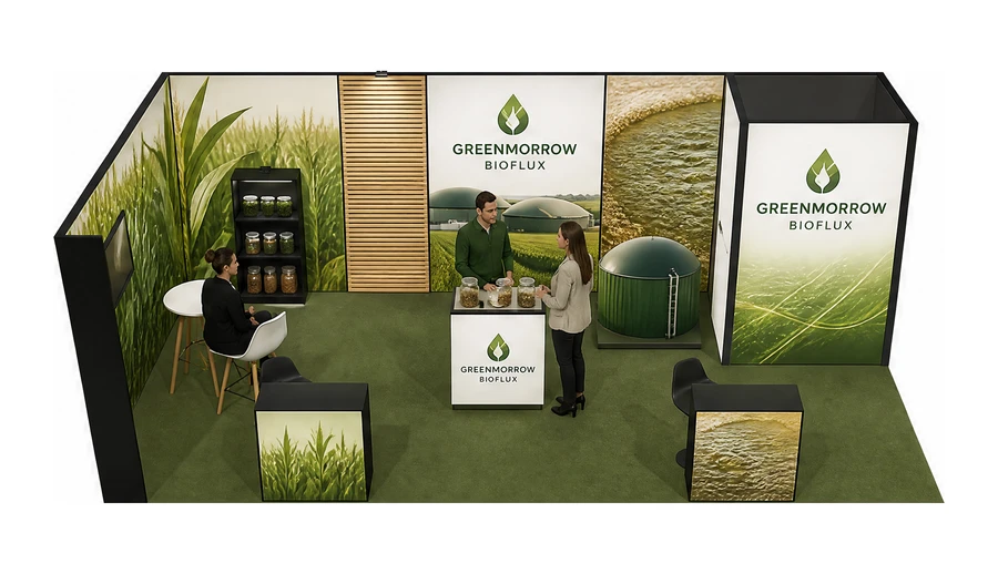 Stoisko 8 × 4 m narożne lewe dla branży biogaz i OZE, przykładowa marka Greenmorrow Bioflux