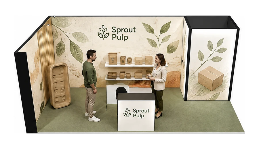 Stoisko 8 × 4 m narożne lewe dla branży opakowania ekologiczne, przykładowa marka Sprout Pulp