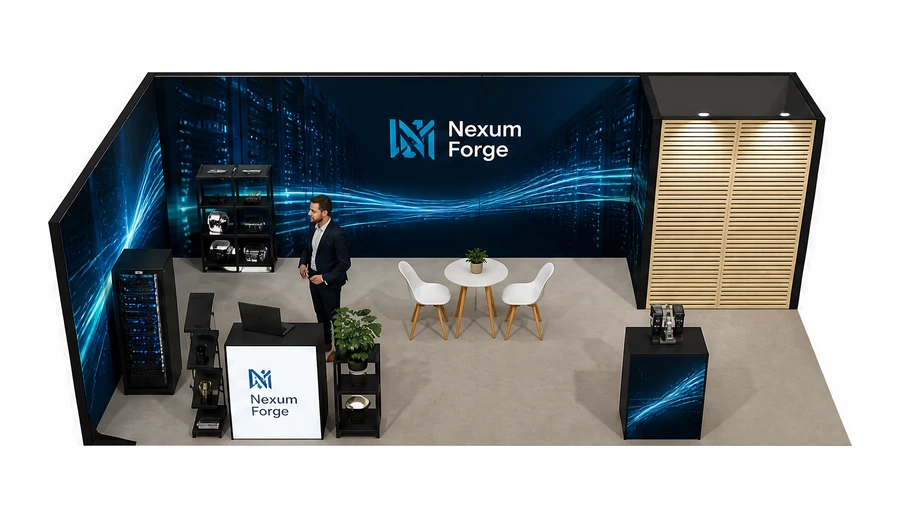 Stoisko 8 × 4 m narożne lewe dla branży infrastruktura IT i data center, przykładowa marka Nexum Forge