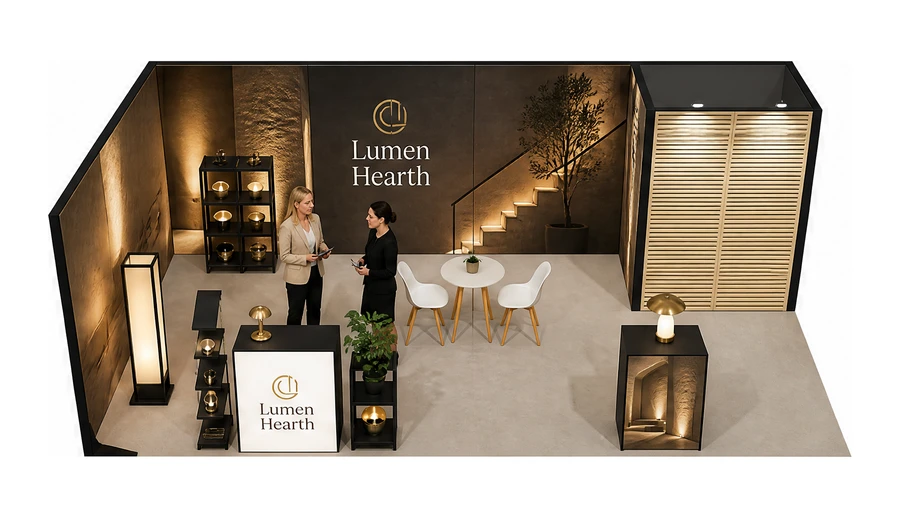 Stoisko 8 × 4 m narożne lewe dla branży oświetlenie, przykładowa marka Lumen Hearth