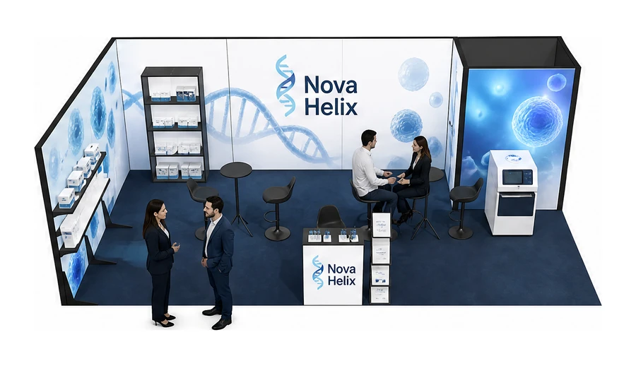 Stoisko 8 × 4 m narożne lewe dla branży farmacja i biotechnologia, przykładowa marka Nova Helix
