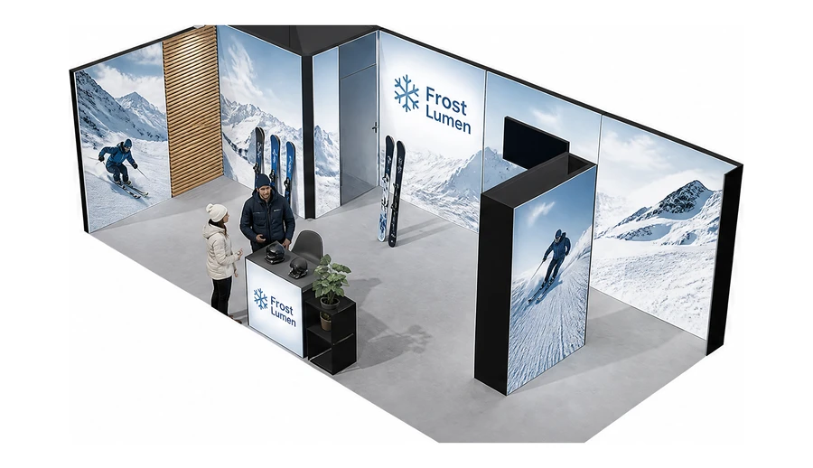 Stoisko 8 × 4 m narożne lewe dla branży narciarstwo i sporty zimowe, przykładowa marka Frost Lumen