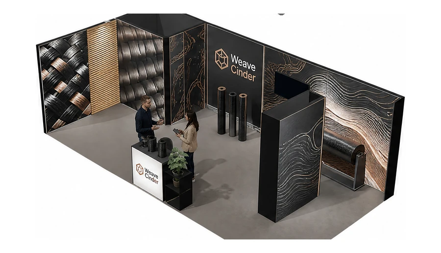 Stoisko 8 × 4 m narożne lewe dla branży materiały kompozytowe, przykładowa marka Weave Cinder