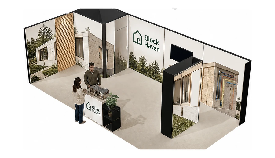 Stoisko 8 × 4 m narożne lewe dla branży domy modułowe i prefabrykacja, przykładowa marka Block Haven