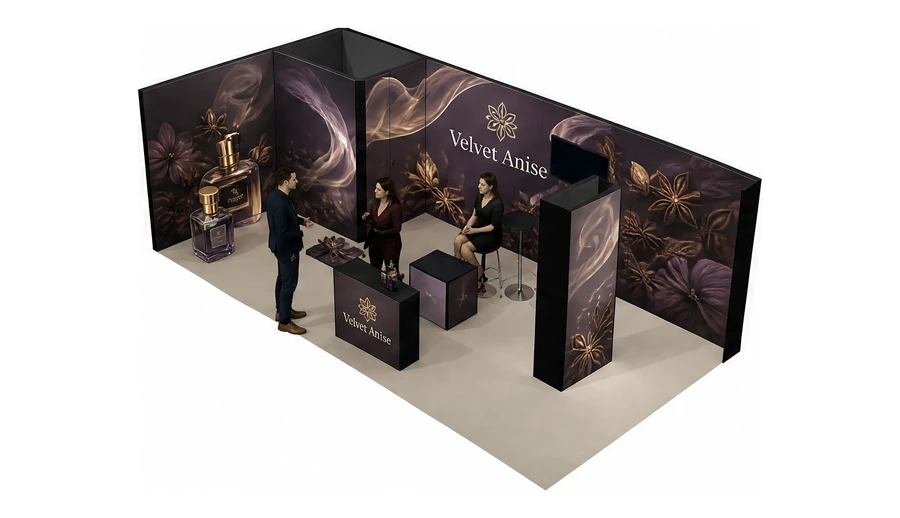 Stoisko 8 × 4 m narożne lewe dla branży perfumy, przykładowa marka Velvet Anise
