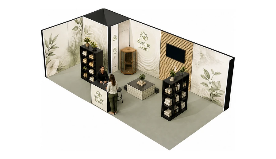 Stoisko 8 × 4 m narożne lewe dla branży spa i wellness, przykładowa marka Serene Loom