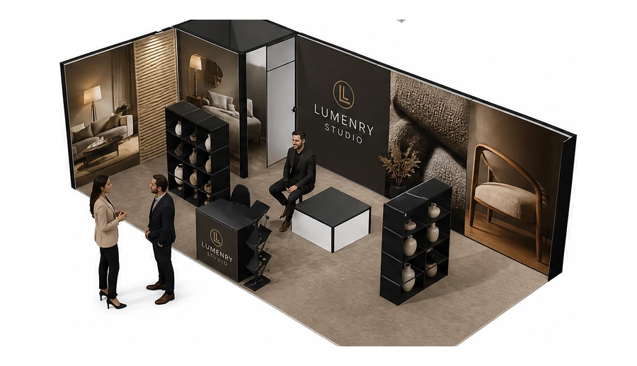 Stoisko 8 × 4 m narożne lewe dla branży meble designerskie, przykładowa marka Lumenry Studio