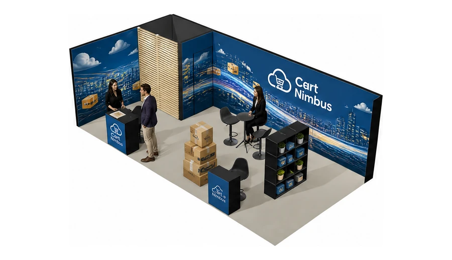 Stoisko 8 × 4 m narożne lewe dla branży e-commerce, przykładowa marka Cart Nimbus