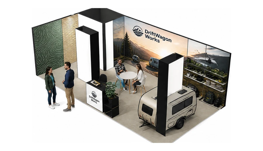 Stoisko 8 × 4 m narożne lewe dla branży caravaning i kampery, przykładowa marka DriftWagon Works